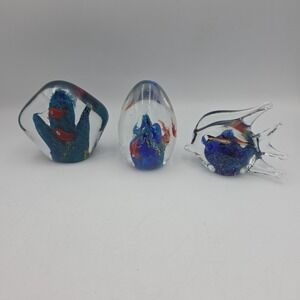 Art Glass Heavy Paperweights Tropical Aquarium Fish Murano Style Blue Lot Of 3